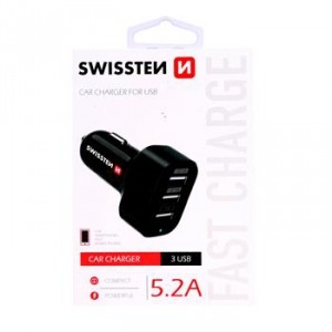 Auto nabíječka CL 3x USB, 12V-24V, 5V, 5200mA, nabíjení mobilních telefonů a GPS, černá SWISSTEN