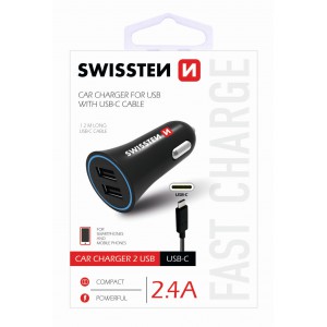 Auto nabíječka CL USB-C, 2x USB 12V-24V, 5V, 2400mA, nabíjení telefonů a GPS, černá, odpojitelný USB-C kabel, SWISSTEN