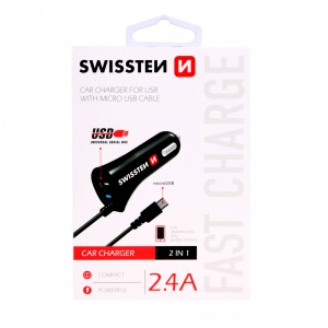 Auto nabíječka CL micro USB, 12V-24V, 5V, 2400mA, nabíjení telefonů a GPS, černá, micro USB kabel, SWISSTEN